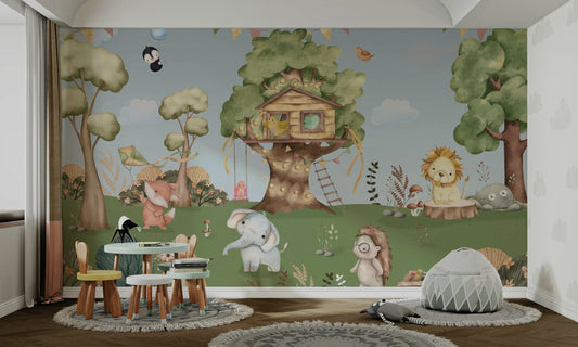 A whimsical forest scene with a charming treehouse.

