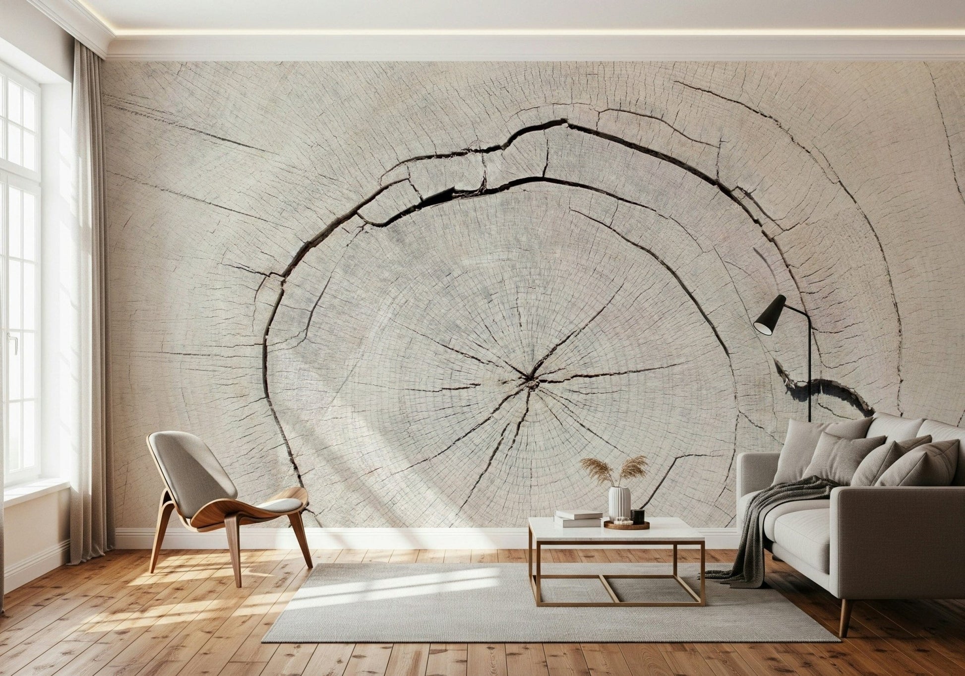 Intricate tree branch pattern wall mural for a master bedroom with soft lighting.