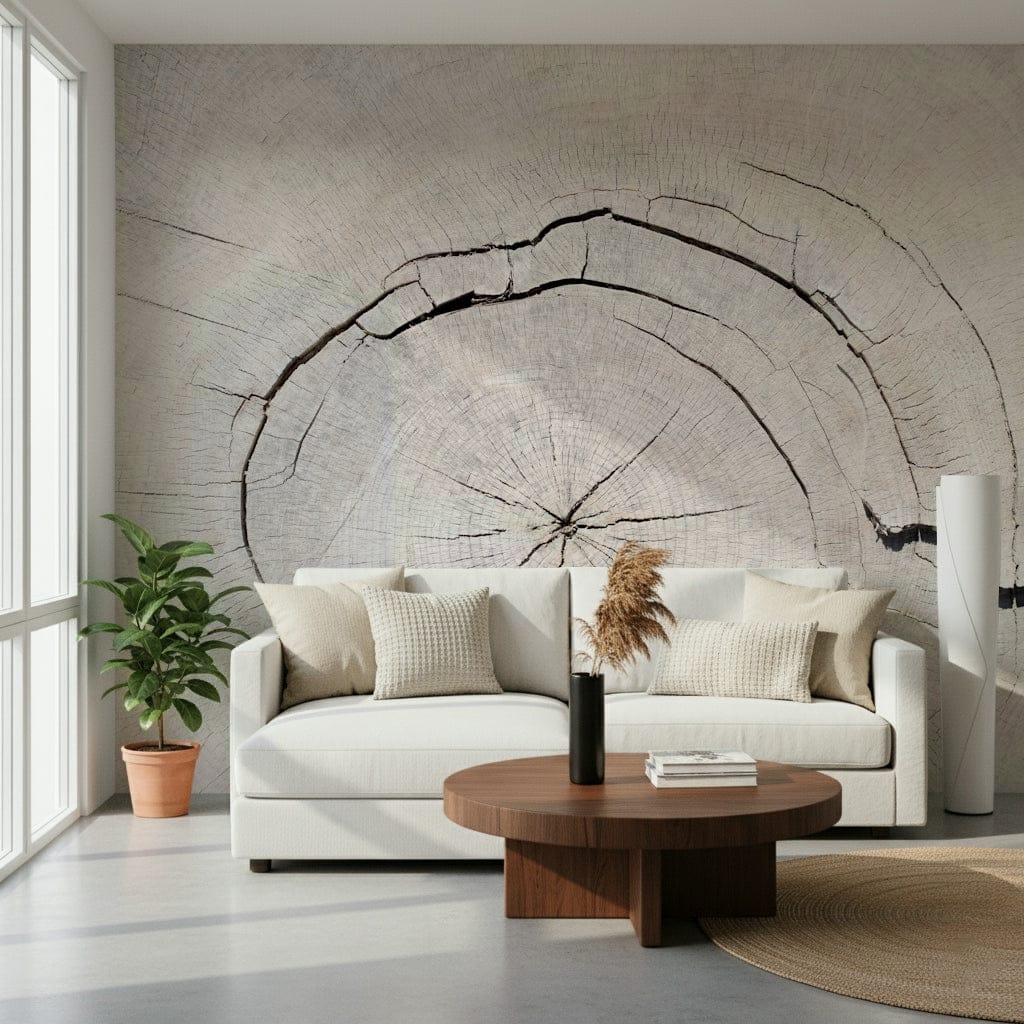 Earthy tone forest wall decor for a contemporary lounge with indoor plants.