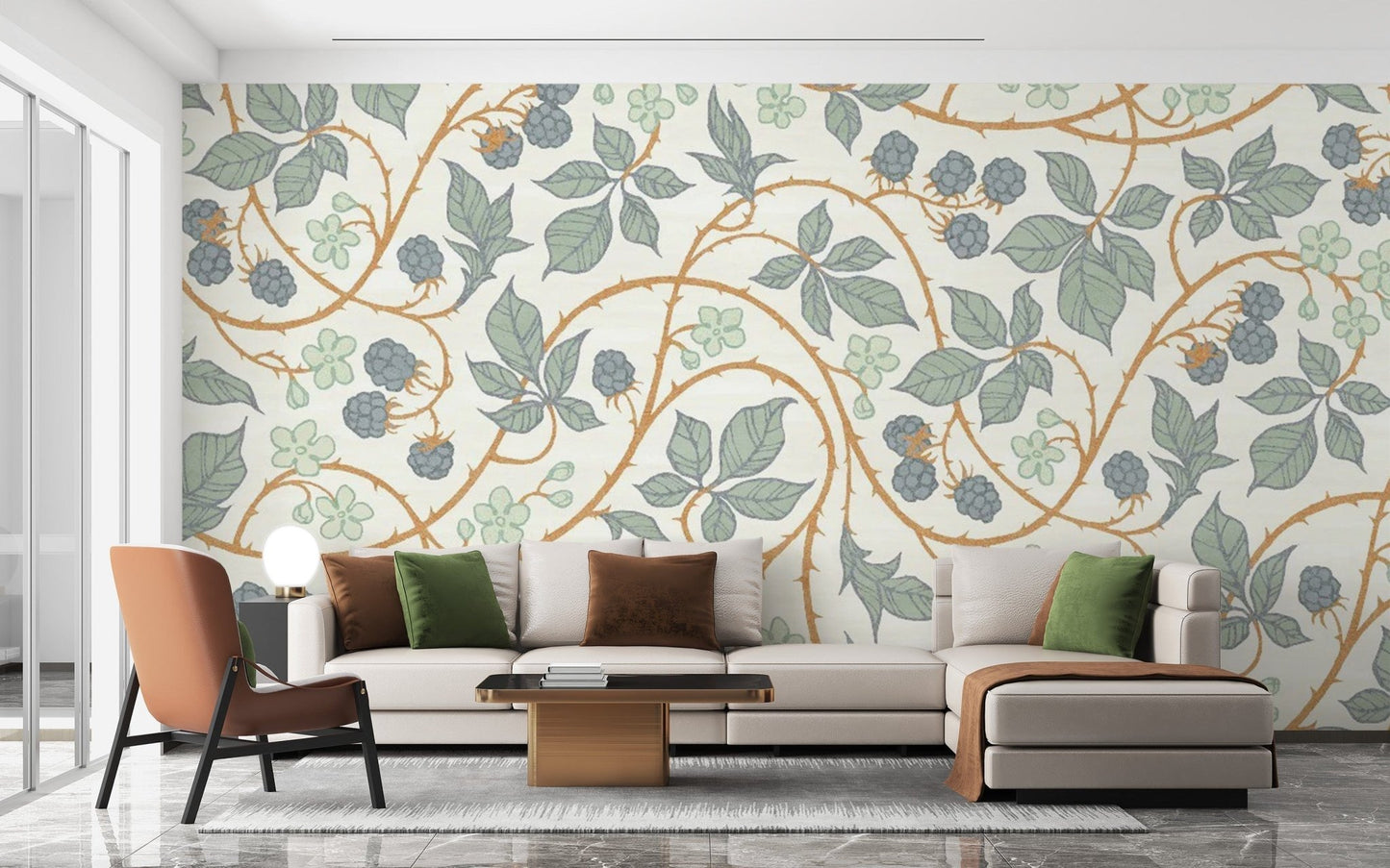 Colorful wallpaper with blackberry leaves motif
