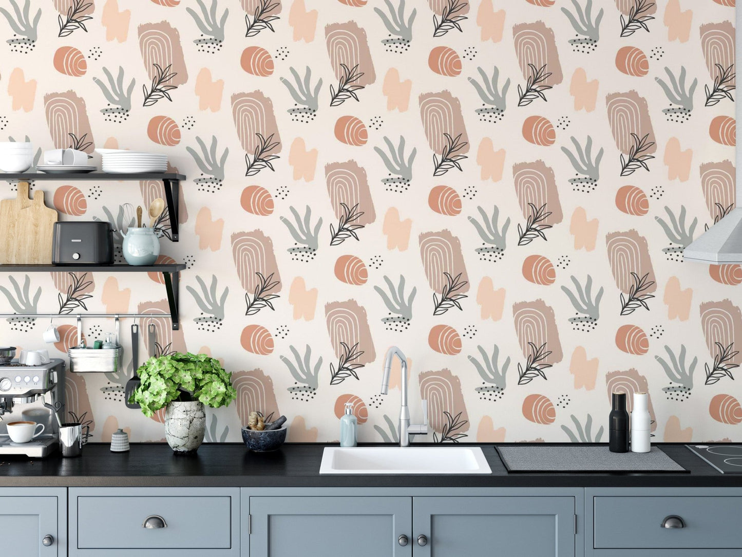 Organic abstract watercolor wallpaper with tropical leaf shapes.