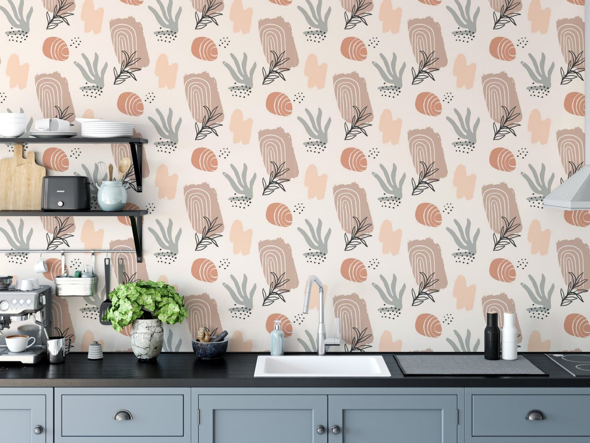 Organic abstract watercolor wallpaper with tropical leaf shapes.