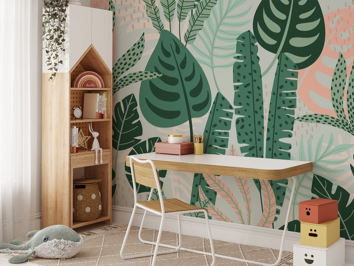 Elegant Green Leaves Wall Mural Design
