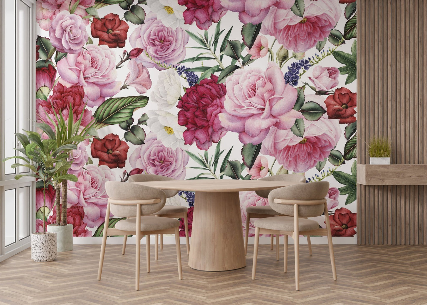 Trendy floral wallpaper with pink and red roses
