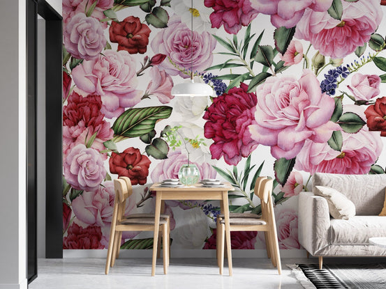 Elegant pink and red rose wallpaper for interiors A662
