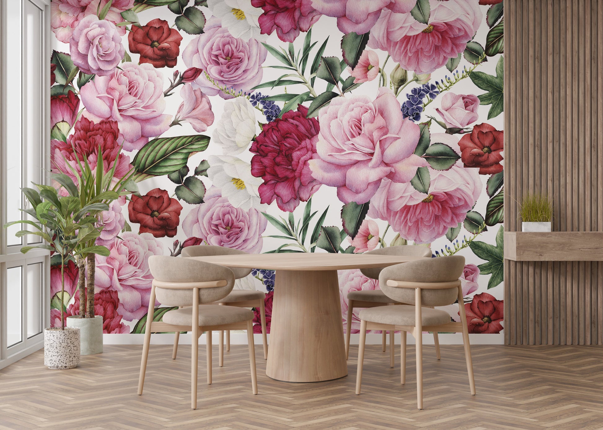 Trendy floral wallpaper with pink and red roses
