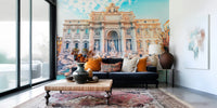 Detailed stone sculptures on a grand Trevi's turquoise dream wall mural.