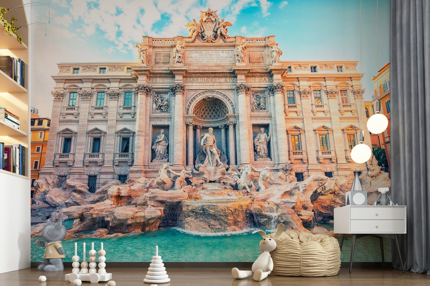 Sophisticated architectural wall mural with ornate Roman carvings.