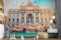 Sophisticated architectural wall mural with ornate Roman carvings.