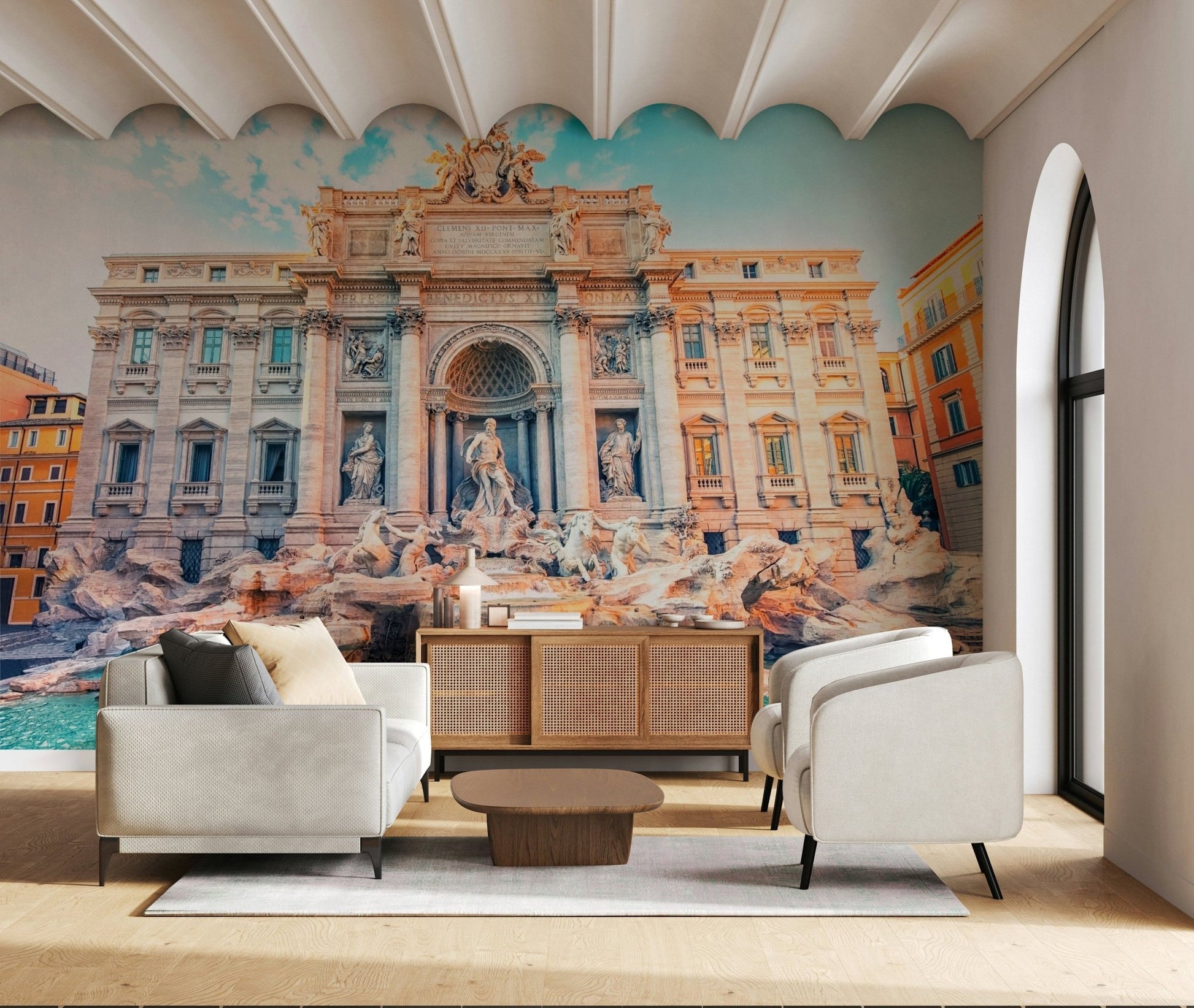 Trevi's turquoise dream wall mural featuring the iconic Roman fountain.