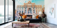 Detailed stone sculptures on a grand Trevi's turquoise dream wall mural.