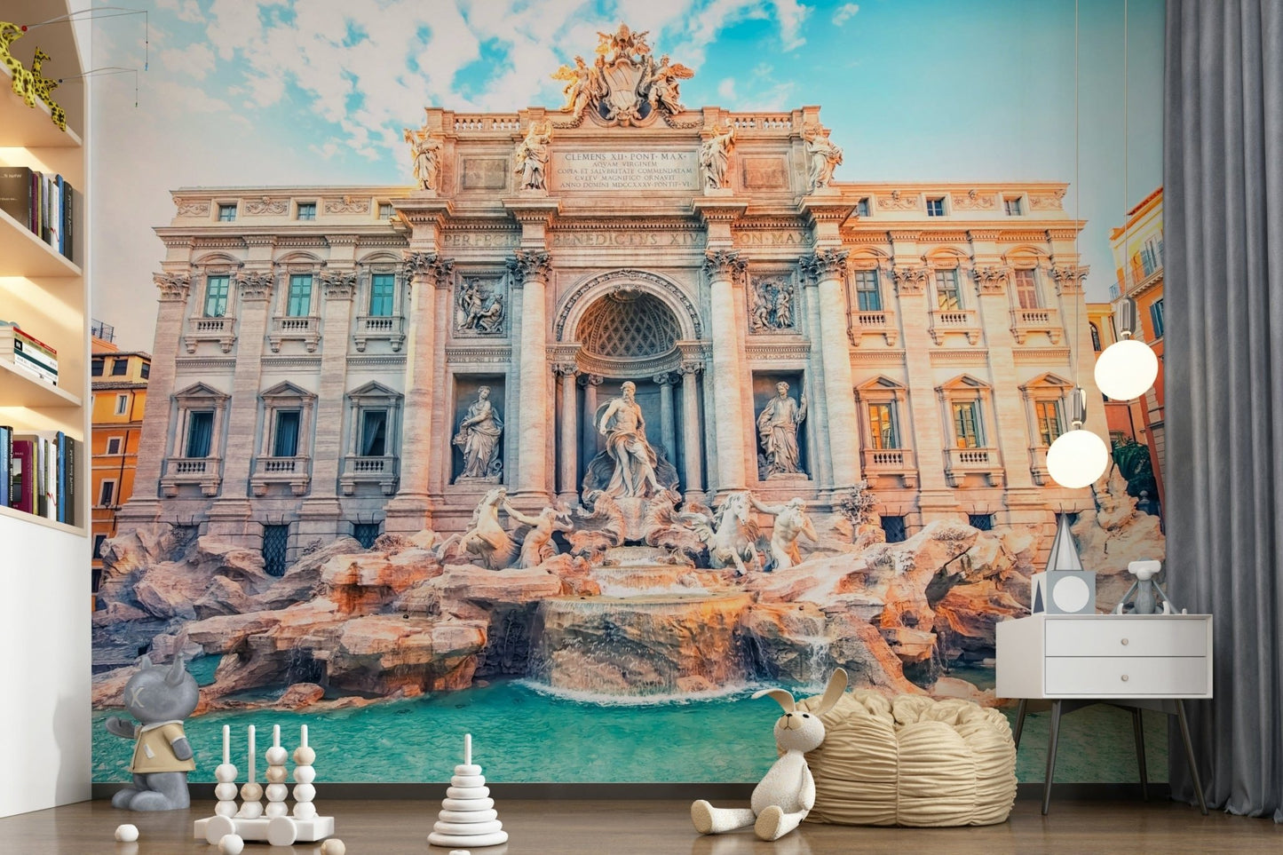 Sophisticated architectural wall mural with ornate Roman carvings.