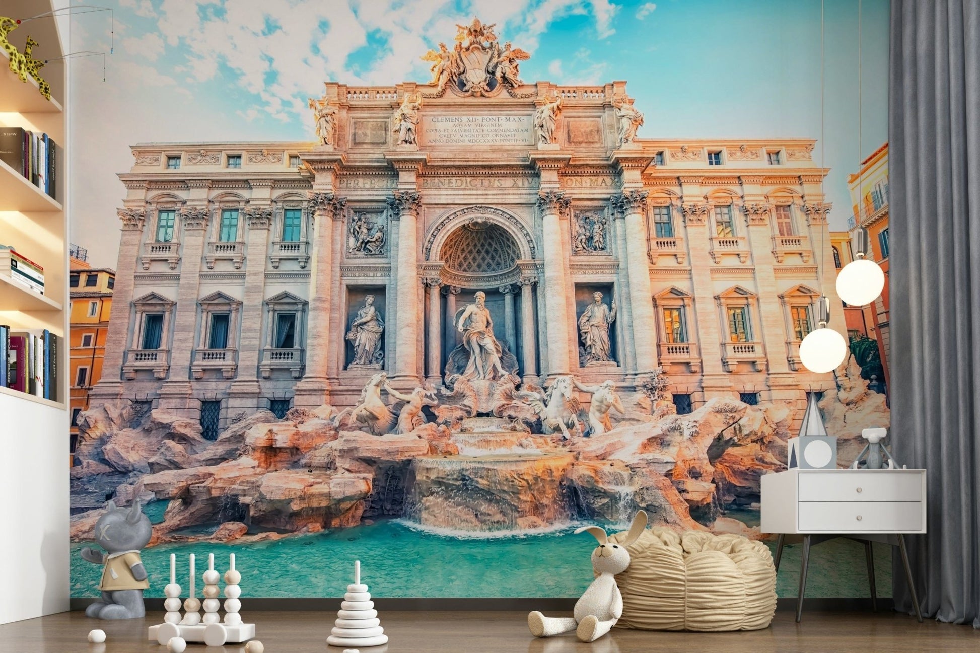 Sophisticated architectural wall mural with ornate Roman carvings.