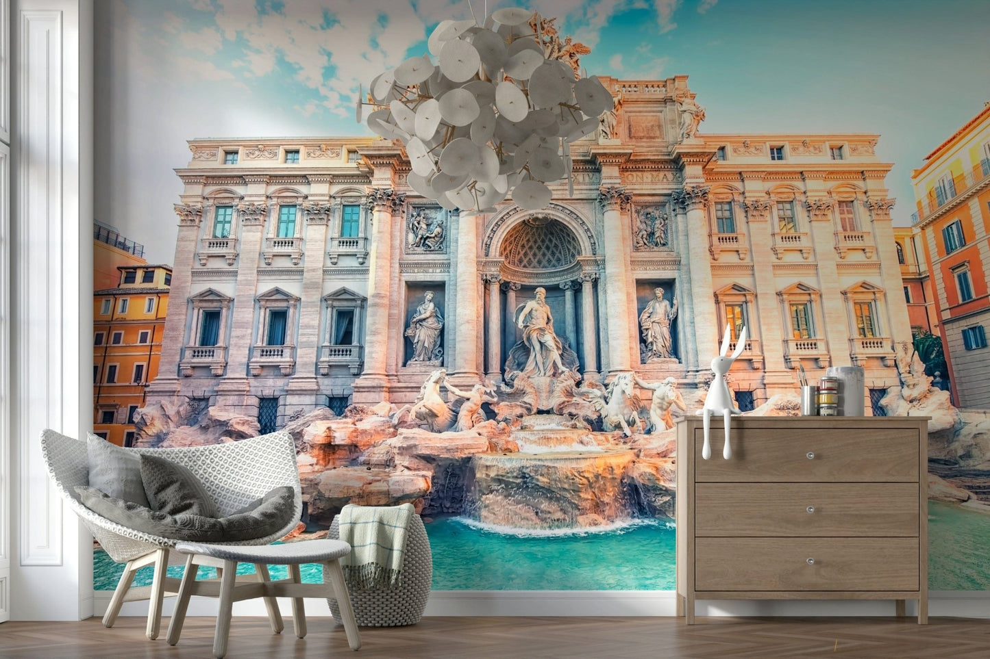 Trevi's turquoise dream wall mural in a vibrant Mediterranean style.