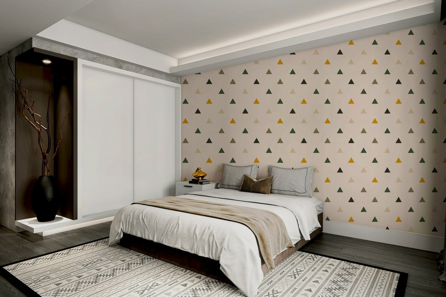 A peaceful wall mural with a modern geometric design.

