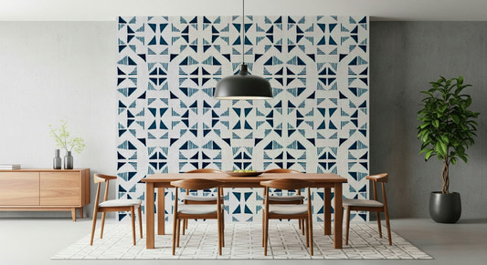 A beautiful geometric triangle wallpaper mural with a cool blue composition.
