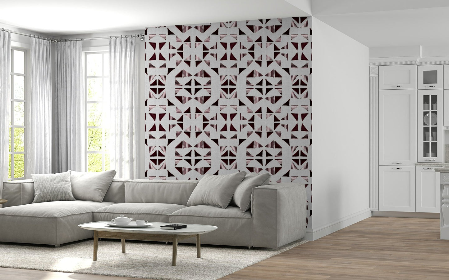 A peaceful geometric design mural on decorative wallpaper.