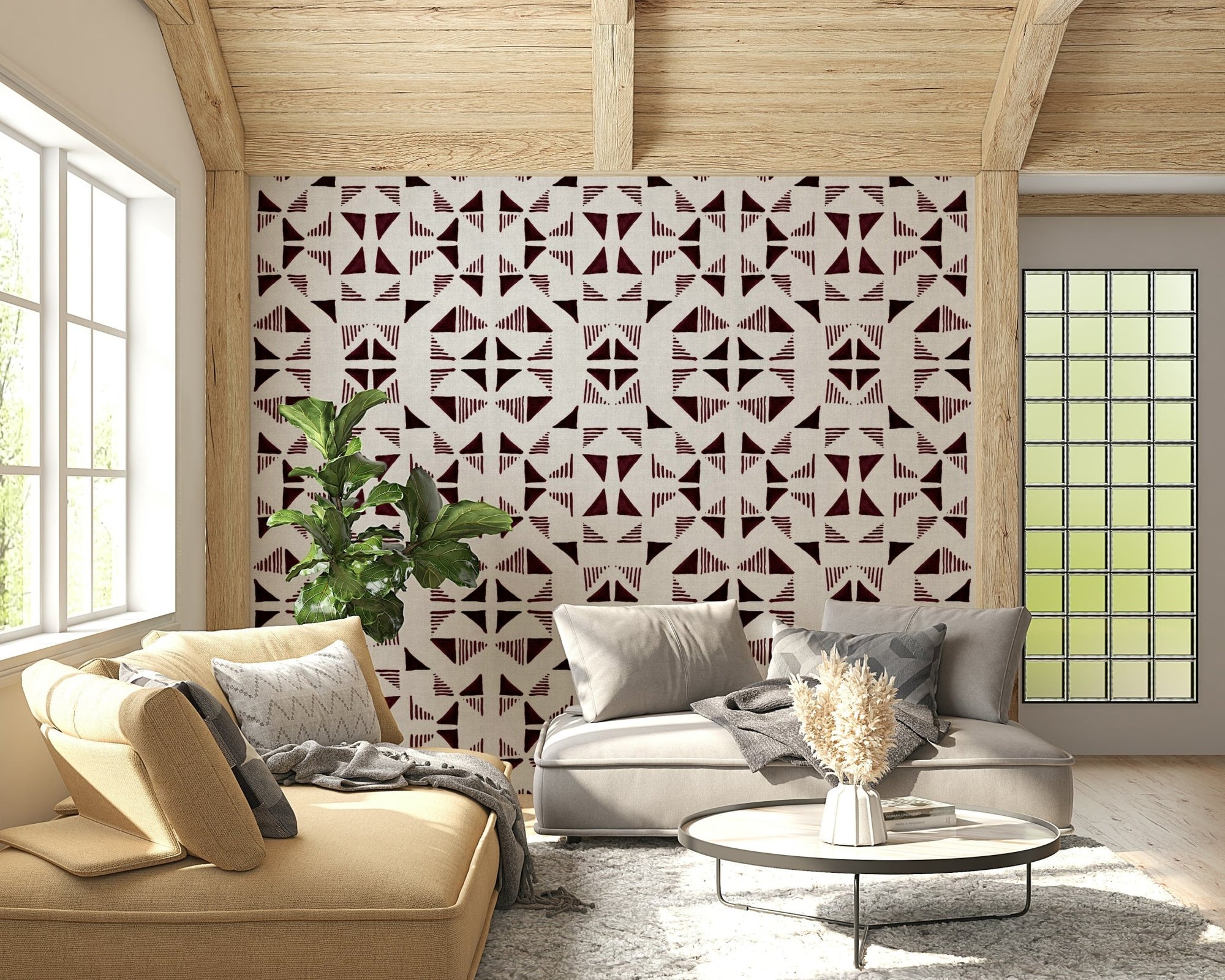 A beautiful geometric triangle wallpaper mural with a subtle wood grain texture., GD6005