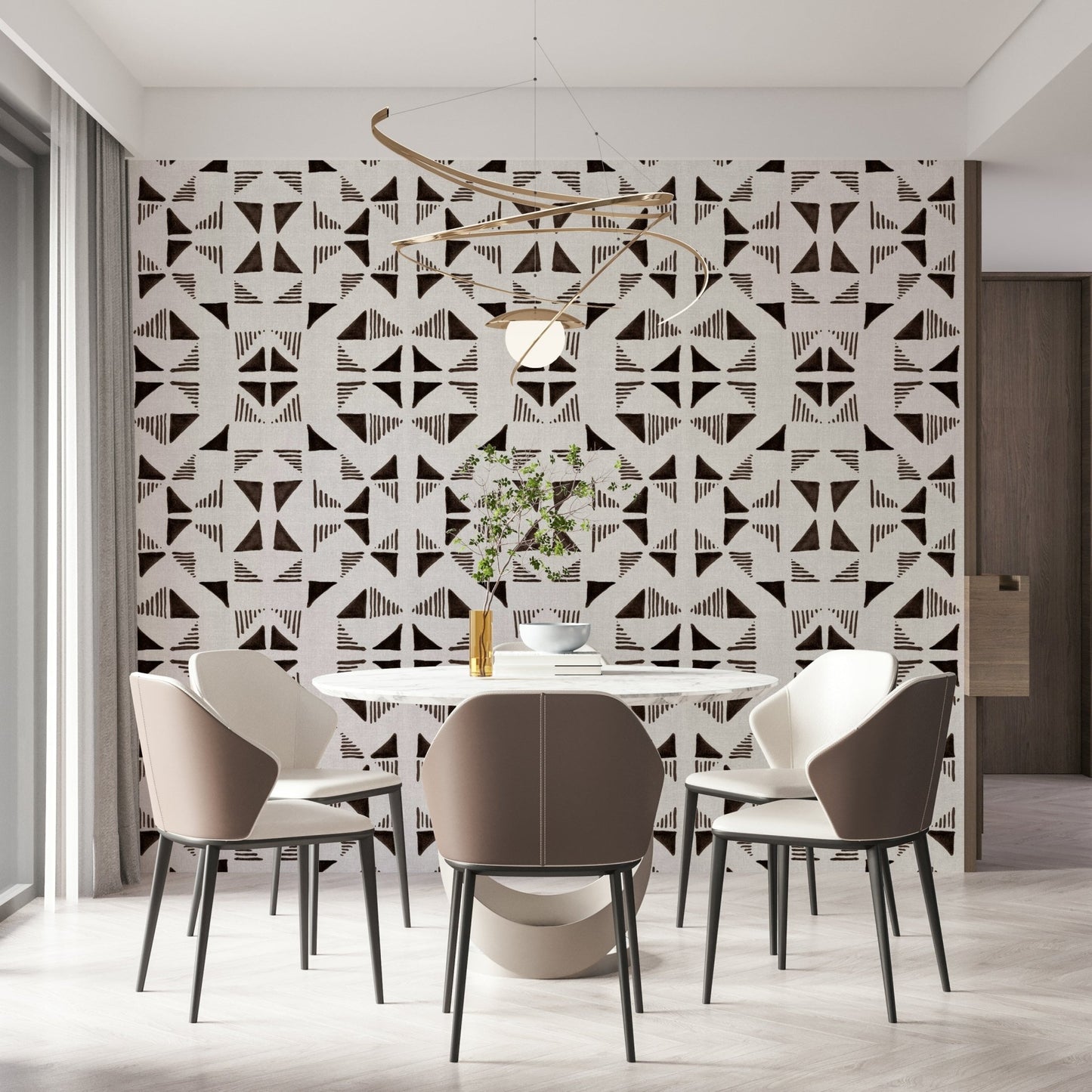 A contemplative geometric design wallpaper mural for a feature wall.