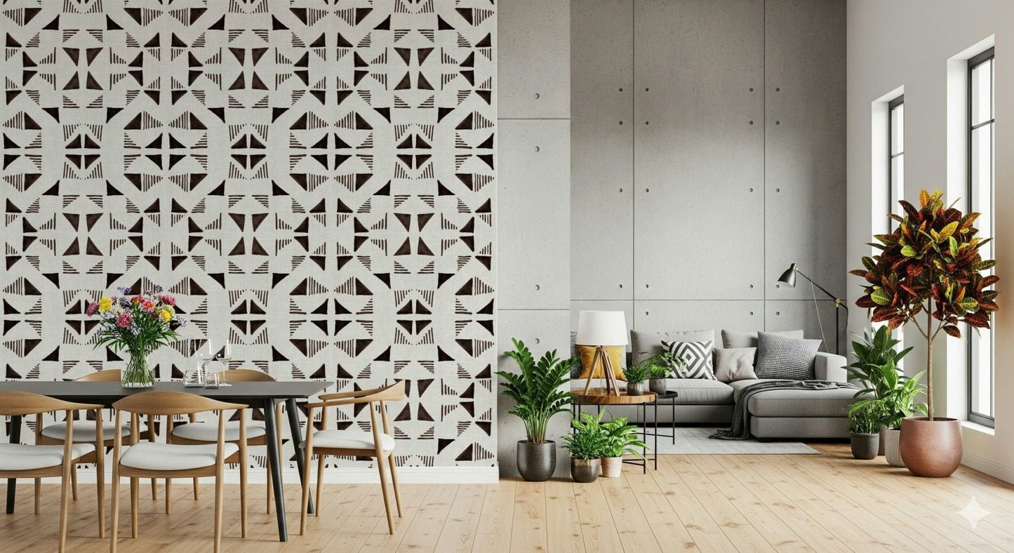 A peaceful geometric design mural on decorative wallpaper.