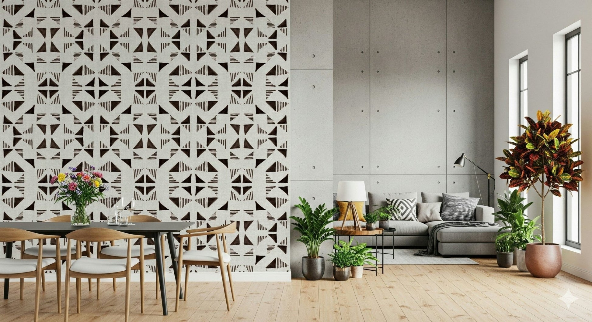 A peaceful geometric design mural on decorative wallpaper.