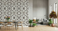 A peaceful geometric design mural on decorative wallpaper.