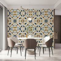 A peaceful geometric design mural on decorative wallpaper.