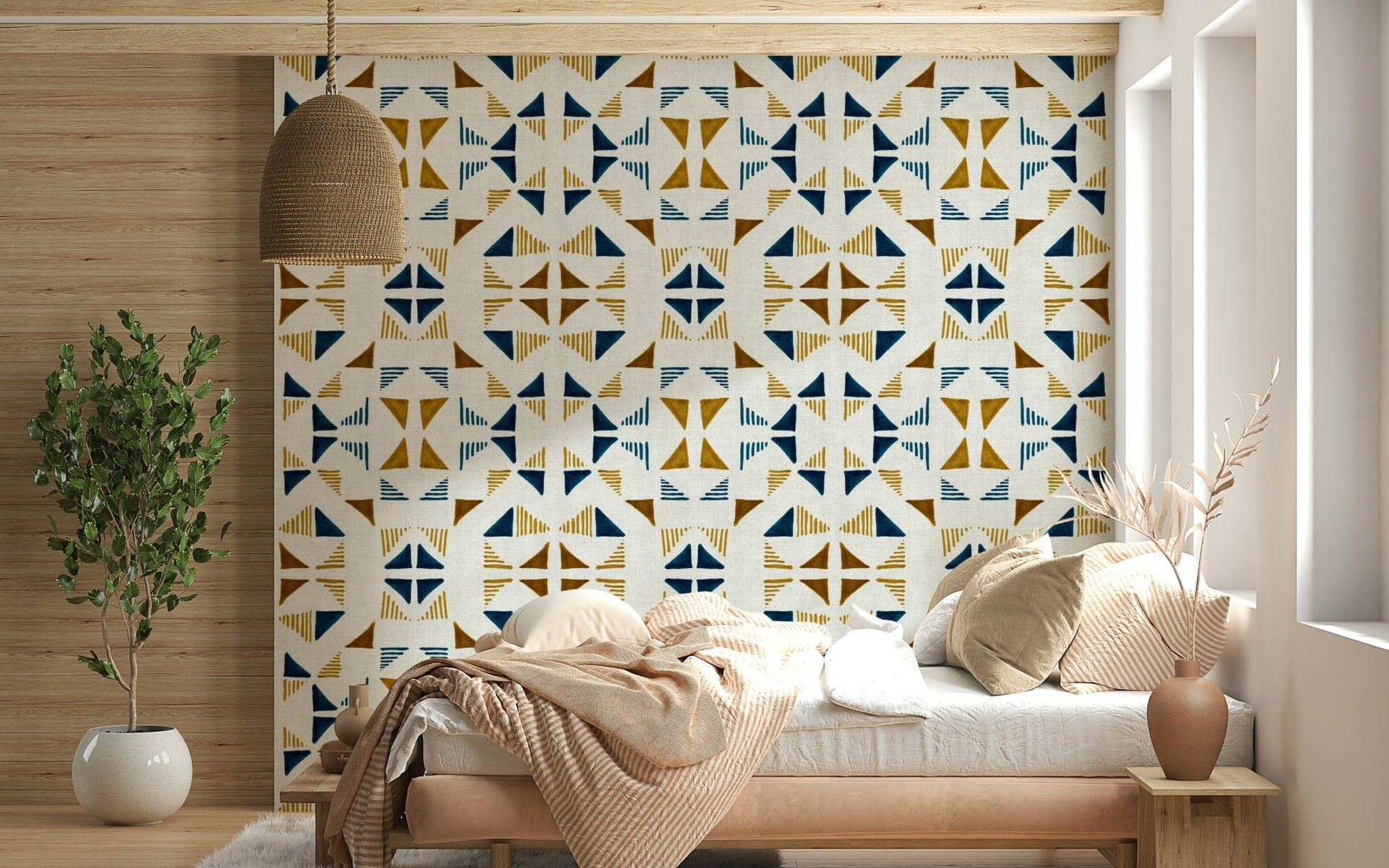 A contemplative geometric design wallpaper mural for a feature wall.