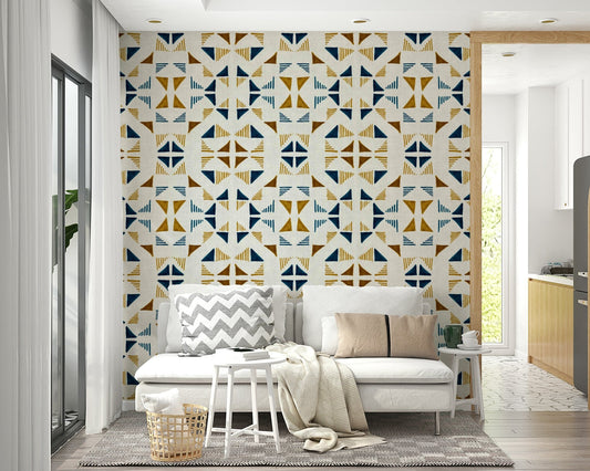 A beautiful geometric triangle wallpaper mural with subtle wood grain texture in warm autumn tones.