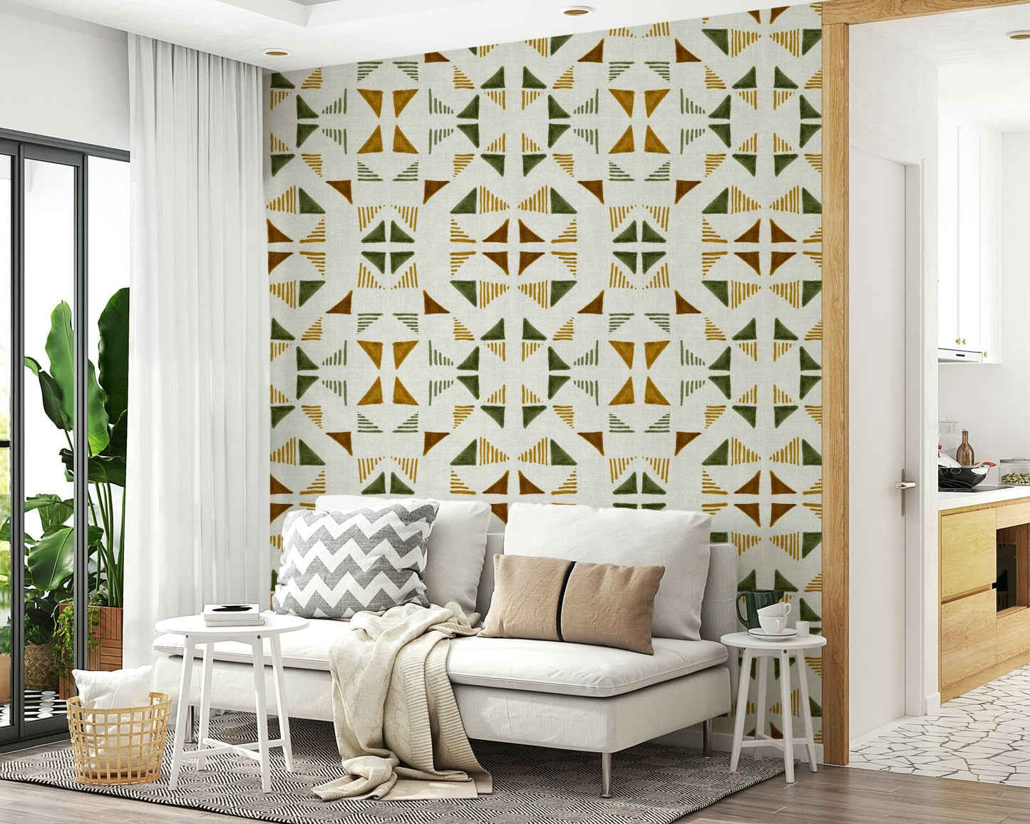 A contemplative geometric design wallpaper mural for a feature wall.