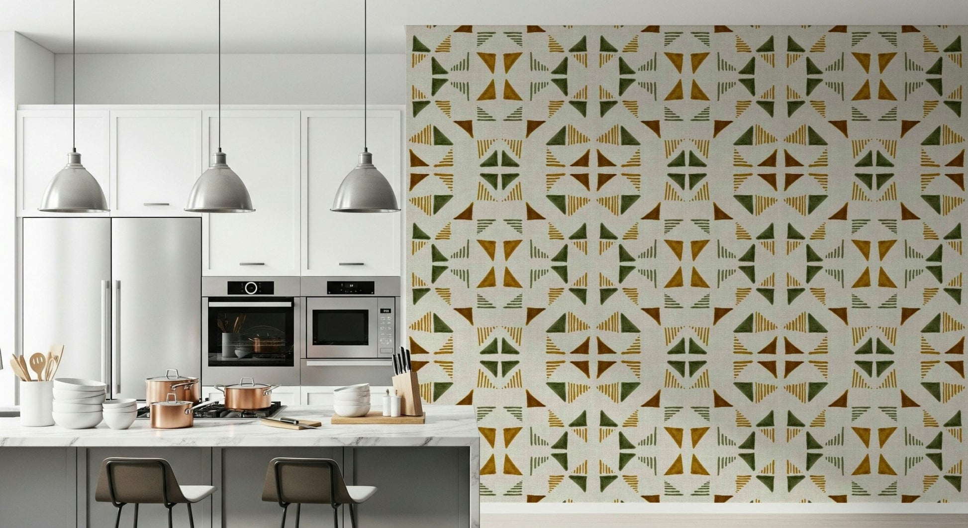 A peaceful geometric design mural on decorative wallpaper.