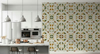 A peaceful geometric design mural on decorative wallpaper.