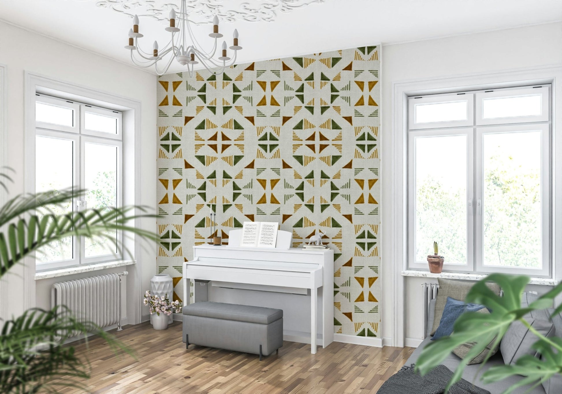 A beautiful geometric triangle wallpaper mural with subtle foliage texture and patterns.