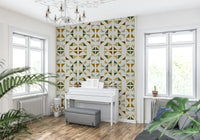 A beautiful geometric triangle wallpaper mural with subtle foliage texture and patterns.