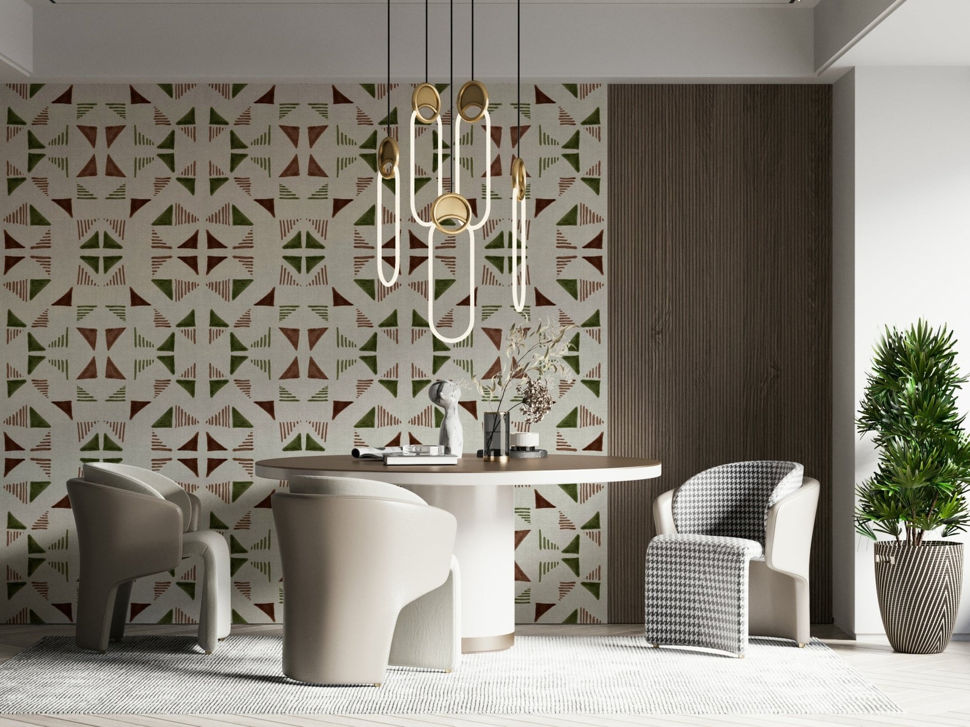 A peaceful geometric design mural on decorative wallpaper.