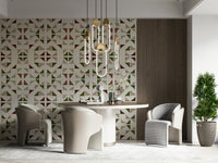 A peaceful geometric design mural on decorative wallpaper.