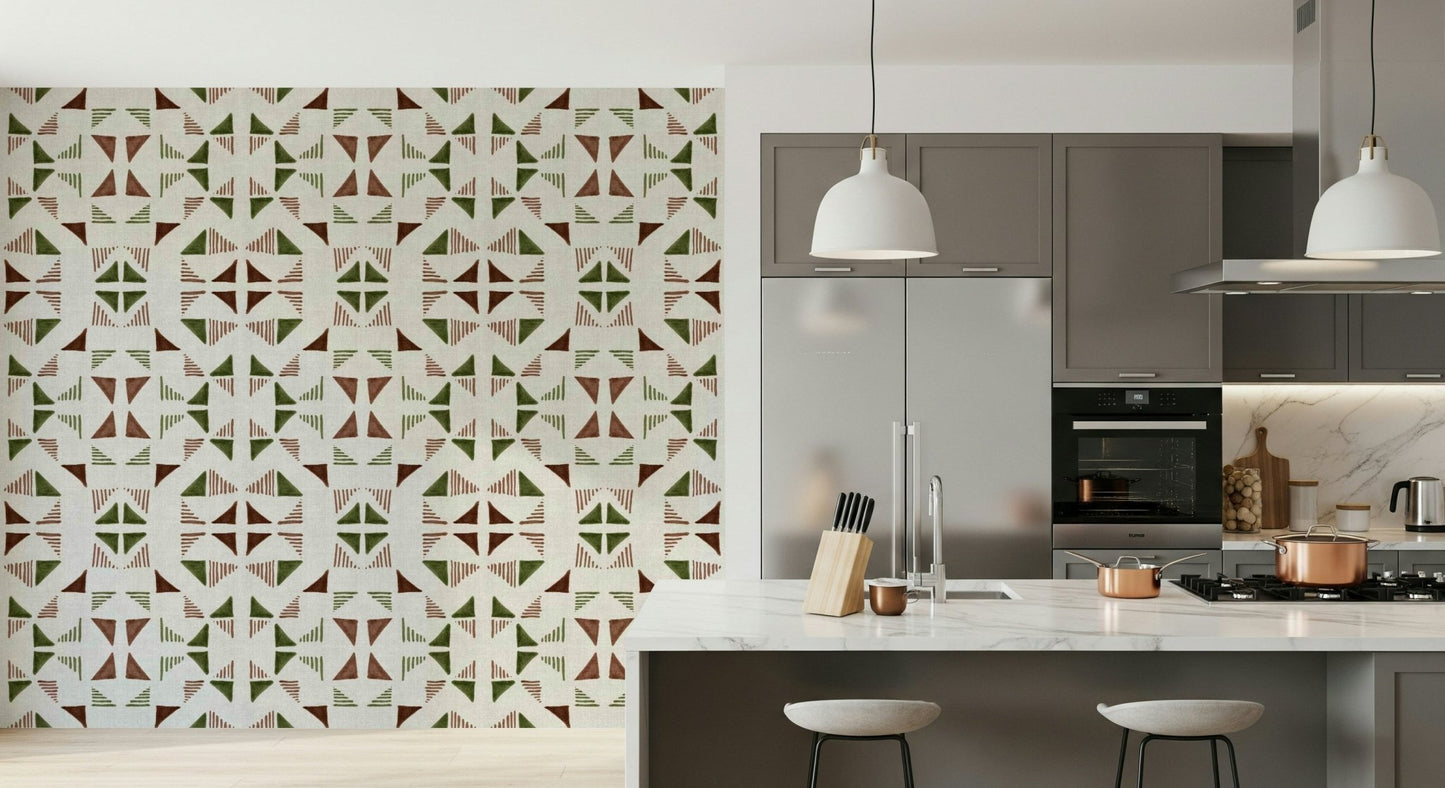A contemplative geometric design wallpaper mural for a feature wall.