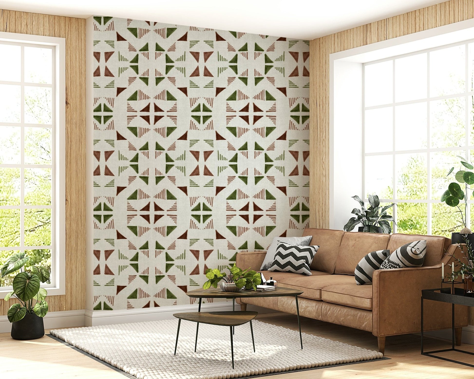 A beautiful geometric triangle wallpaper mural with a subtle forest landscape.