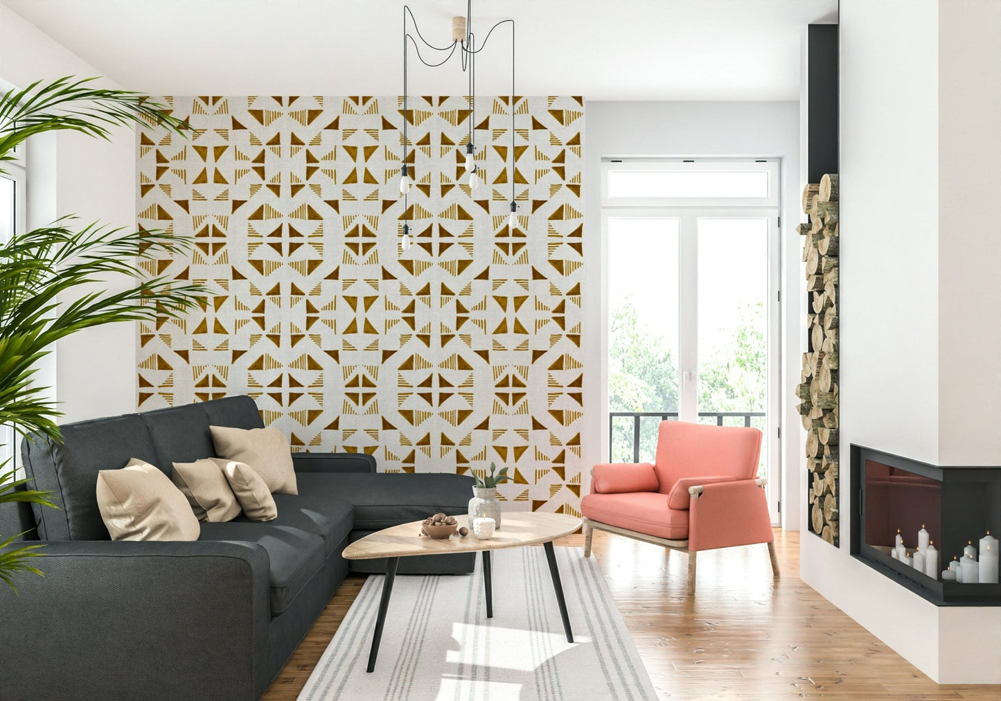 An artistic modern block mural on minimalist wallpaper., GD6007