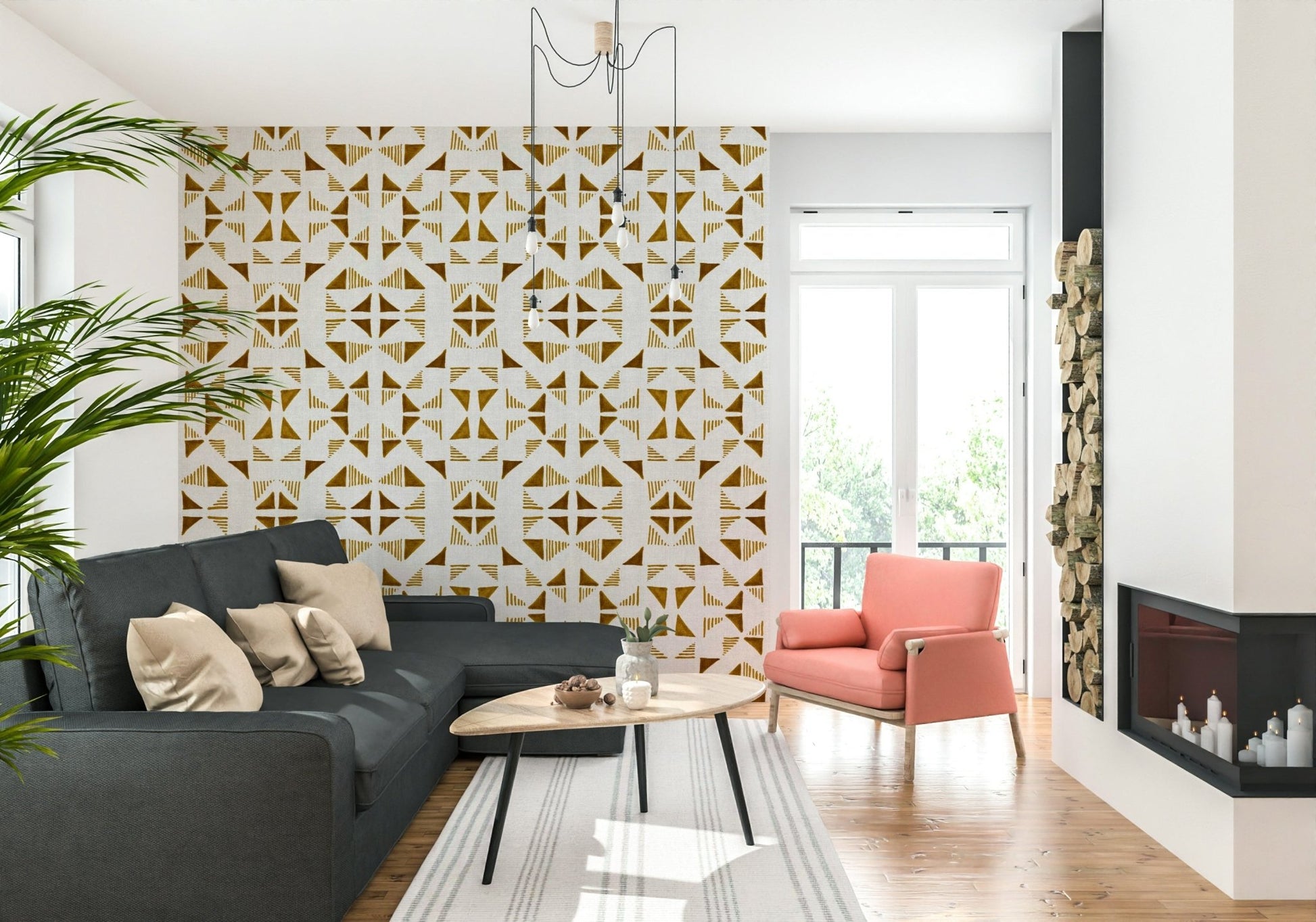 An artistic modern block mural on minimalist wallpaper., GD6007