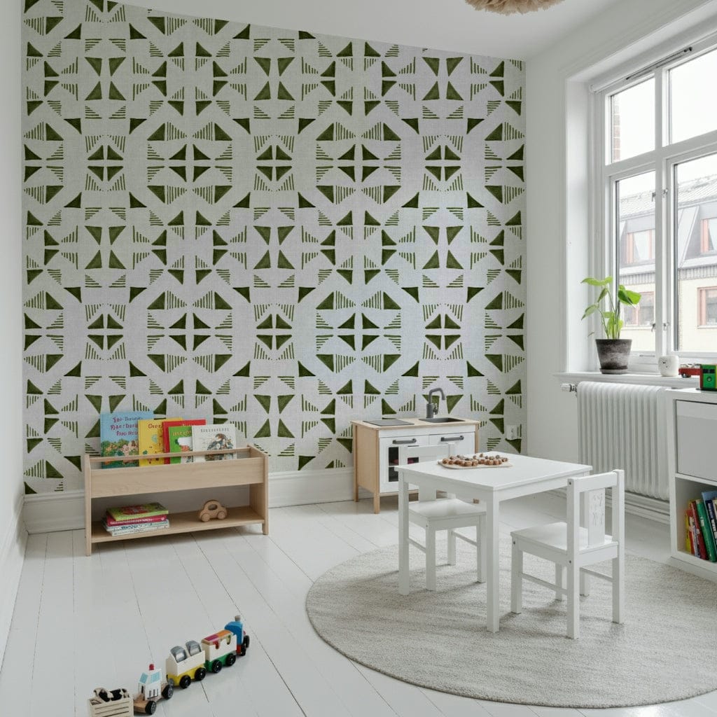 A contemplative geometric design wallpaper mural for a feature wall.