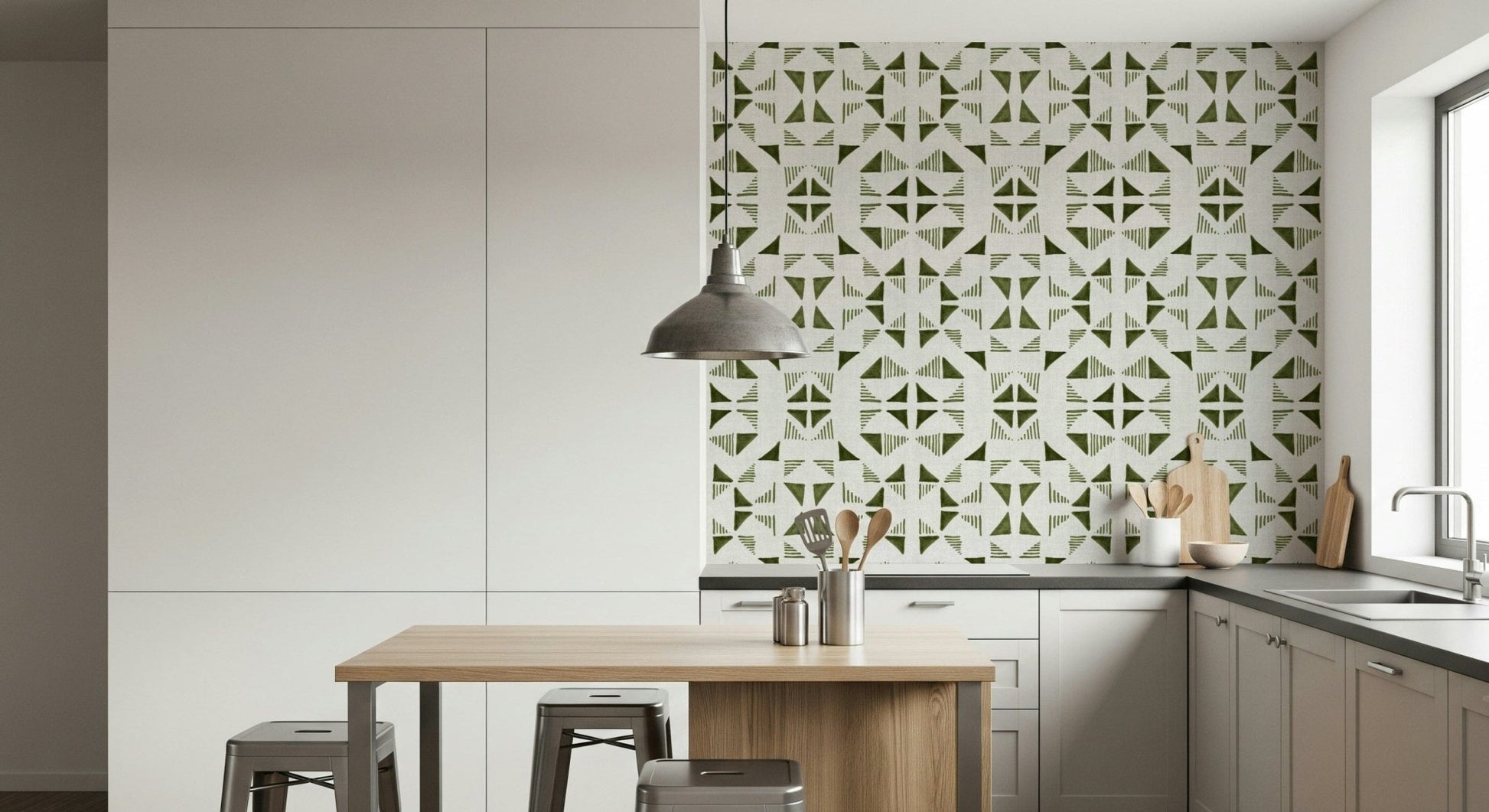 A graceful subtle pattern wall mural in cool, light green and olive tones.