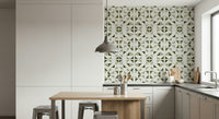 A graceful subtle pattern wall mural in cool, light green and olive tones.