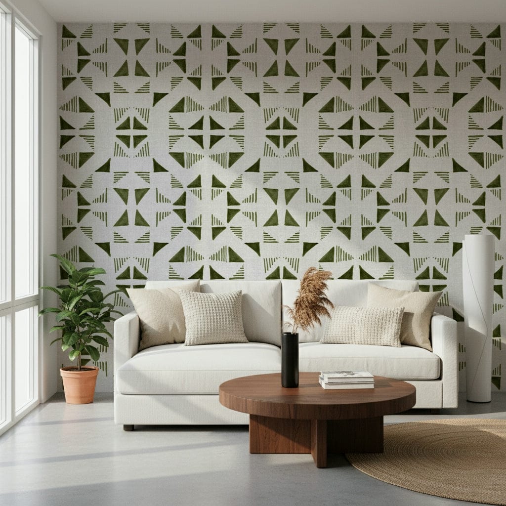 A beautiful geometric triangle wallpaper mural with a subtle light olive color.