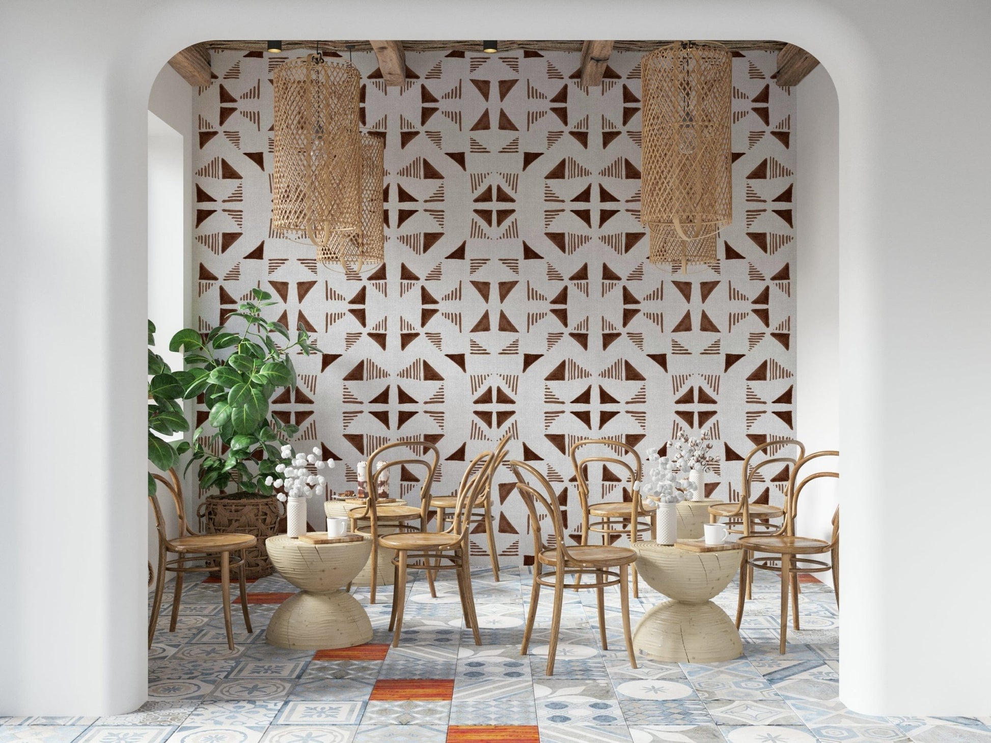 An artistic modern block mural on minimalist wallpaper.