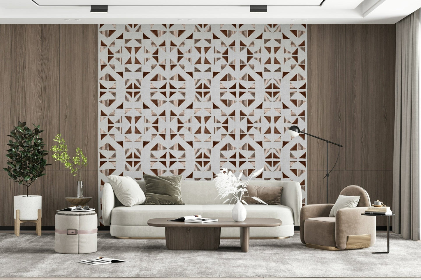 A contemplative geometric design wallpaper mural for a feature wall.