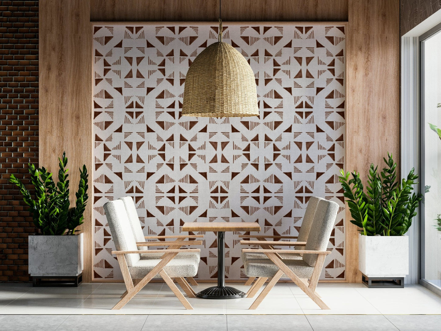 A beautiful geometric triangle wallpaper mural in warm mocha and neutral tones.