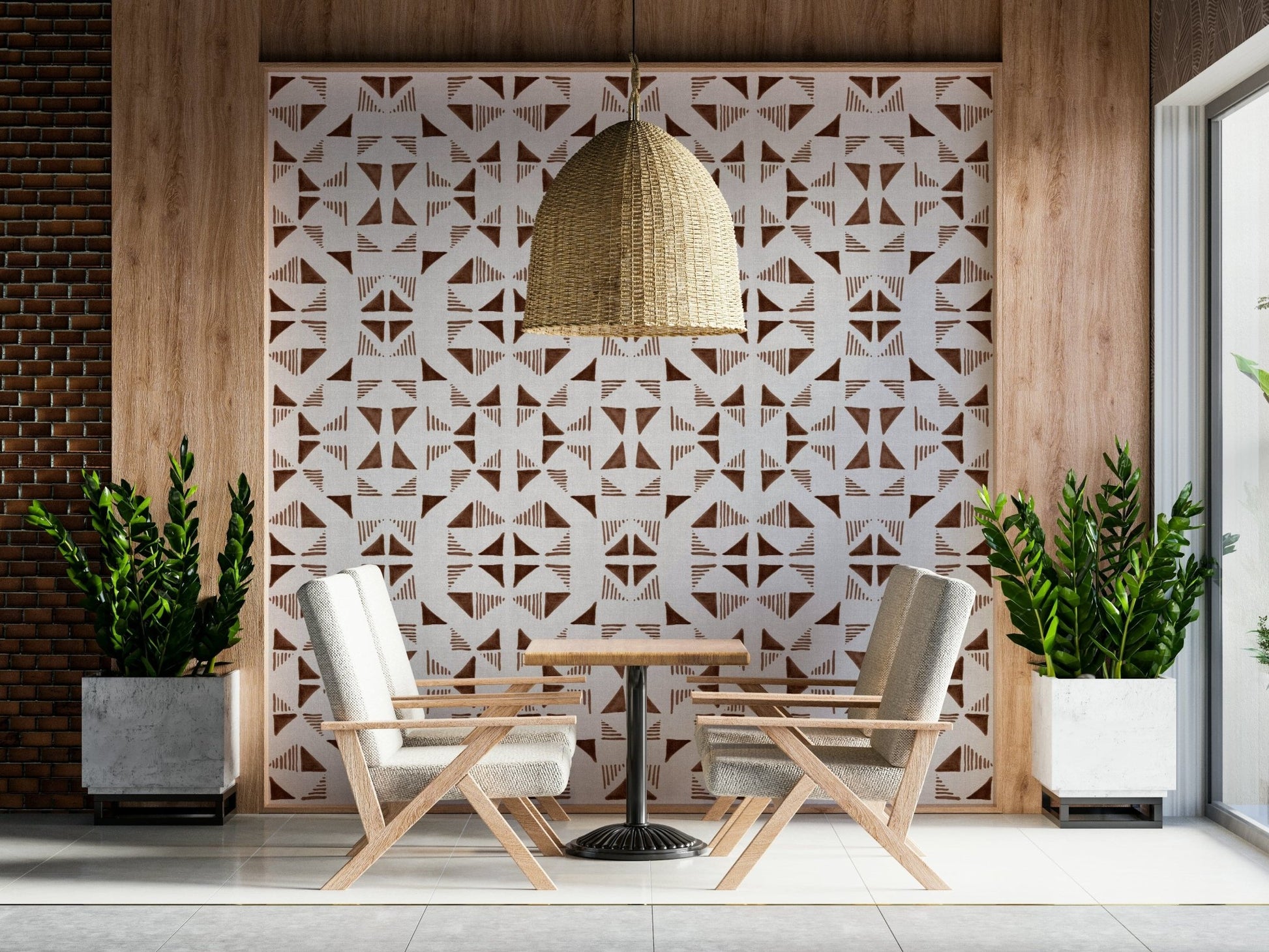 A beautiful geometric triangle wallpaper mural in warm mocha and neutral tones.
