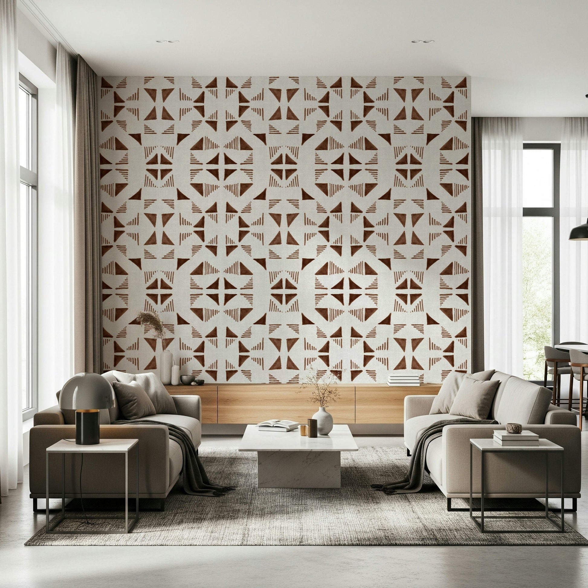 A peaceful geometric design mural on decorative wallpaper.