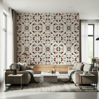 A peaceful geometric design mural on decorative wallpaper.